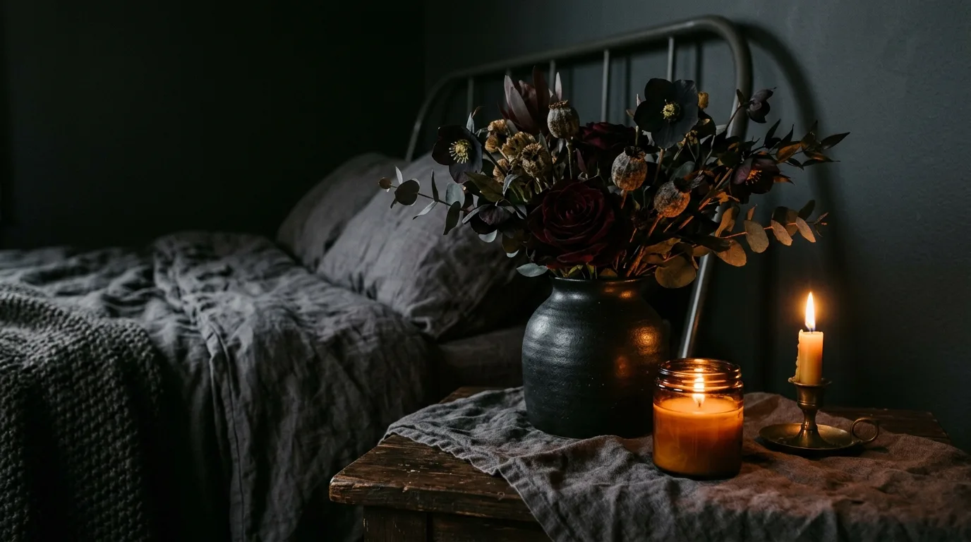 Layer charcoal bedding with richer tactile fabrics inspiration for a moody bedroom.